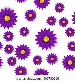 Flower in blosom seamless pattern in purple color on white background, paper cut, spring elegant realistic design for fabric, textile, romantic floral motive