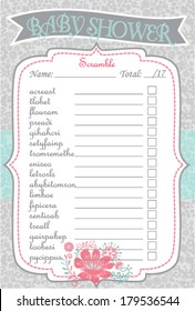 Flower Blossom Baby Shower Scramble Layout Template Grey, Aqua, Pink Color, Do it Yourself Word Game, Country Chic theme for boy and girl,  Floral background pattern, Unisex mommy to be activity card