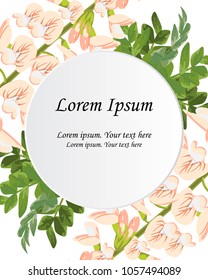 Flower blossom Galega. Romantic botanical invitation. Greeting card with floral background. Branch green leaves foliage, decorative frame. Watercolor art illustration, vector floral greenery design