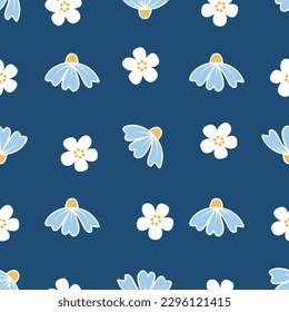 Flower blossom garden vector pattern. Blue background. Illustration ,Textile floral pattern design and wallpaper , tile , paper wrapping , all uses