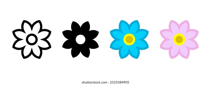 Flower blossom icon. Violet bloom symbol. Wildflower vector illustration. Blue boy and pink girl flower sign. Floral garden pictogram. Simple colored outline flower collection. Blossom bud isolated.