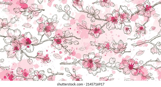 Flower blossom pattern. Sakura cherry, almond vector seamless background. Japanese tree spring watercolor illustration. Floral pink branch wallpaper. Abstract flower blossom. Sakura cherry sketch art