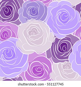 Flower blossom petal blooming illustration. Rose seamless pattern in purple and violet colors. Spring abstract vector background with purple and violet roses.