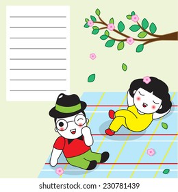 Flower Blossom Picnic of Cute Couple paper note illustration set