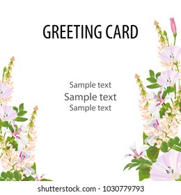 Flower blossom pink Galega,pelargonia,Achillea ptarmica.Romantic botanical invitation.Greeting card with floral background. Branch green leaves foliage, decorative frame,vector floral greenery design