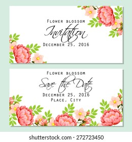 Flower blossom. Romantic botanical invitation. Greeting card with floral background.