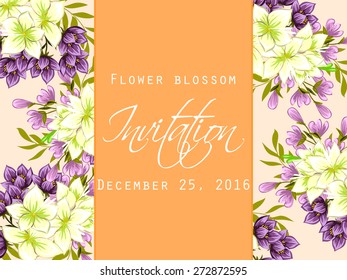 Flower blossom. Romantic botanical invitation. Greeting card with floral background.