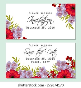 Flower blossom. Romantic botanical invitation. Greeting card with floral background.