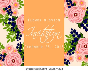 Flower blossom. Romantic botanical invitation. Greeting card with floral background.