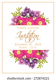 Flower blossom. Romantic botanical invitation. Greeting card with floral background.
