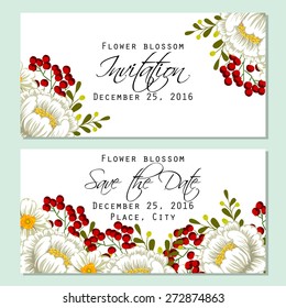Flower blossom. Romantic botanical invitation. Greeting card with floral background.