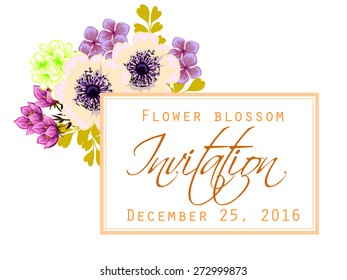 Flower blossom. Romantic botanical invitation. Greeting card with floral background.