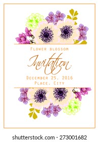 Flower blossom. Romantic botanical invitation. Greeting card with floral background.