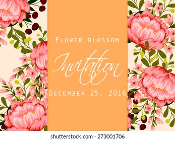 Flower blossom. Romantic botanical invitation. Greeting card with floral background.