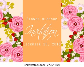 Flower blossom. Romantic botanical invitation. Greeting card with floral background.