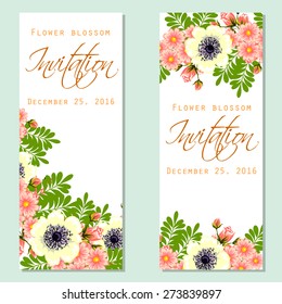 Flower blossom. Romantic botanical invitation. Greeting card with floral background.