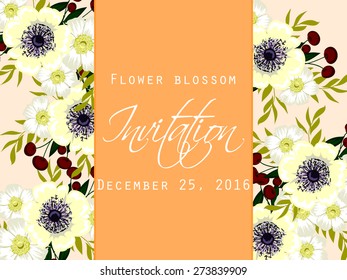 Flower blossom. Romantic botanical invitation. Greeting card with floral background.
