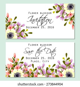 Flower blossom. Romantic botanical invitation. Greeting card with floral background.
