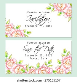 Flower blossom. Romantic botanical invitation. Greeting card with floral background.