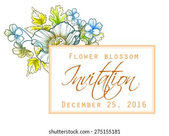 Flower blossom. Romantic botanical invitation. Greeting card with floral background.
