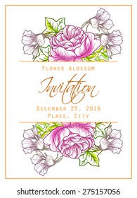 Flower blossom. Romantic botanical invitation. Greeting card with floral background.