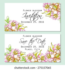 Flower blossom. Romantic botanical invitation. Greeting card with floral background.