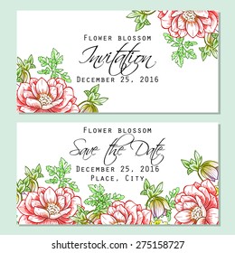 Flower blossom. Romantic botanical invitation. Greeting card with floral background.