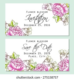 Flower blossom. Romantic botanical invitation. Greeting card with floral background.