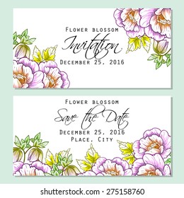 Flower blossom. Romantic botanical invitation. Greeting card with floral background.