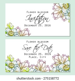 Flower blossom. Romantic botanical invitation. Greeting card with floral background.