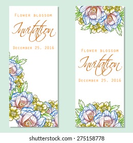 Flower blossom. Romantic botanical invitation. Greeting card with floral background.