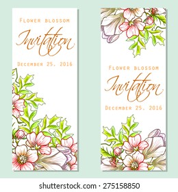 Flower blossom. Romantic botanical invitation. Greeting card with floral background.