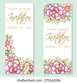 Flower blossom. Romantic botanical invitation. Greeting card with floral background.