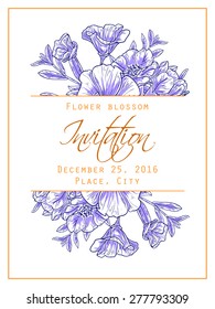 Flower blossom. Romantic botanical invitation. Greeting card with floral background.