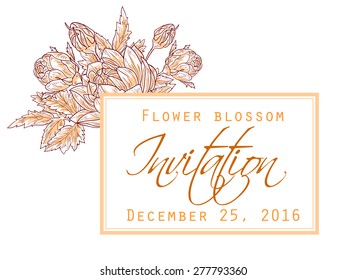 Flower blossom. Romantic botanical invitation. Greeting card with floral background.