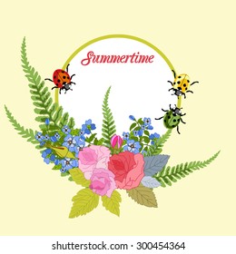 Flower blossom. Romantic botanical invitation. Greeting card with floral background and ladybug.