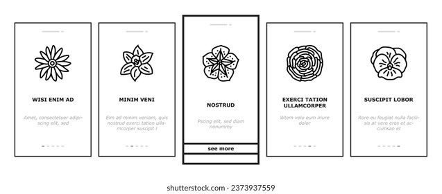 flower blossom spring onboarding mobile vector. floral petal, summer plant, nature simple, leaf line, garden element, bloom decoration flower blossom spring illustrations