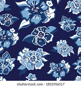 Flower blossom and vines in chinoiserie style. Oriental blue ceramic ornamental print.  Seamless pattern. Great for fabric, scrap booking, wallpaper and product design projects. Vector