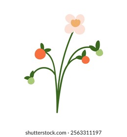 Flower, blossomed strawberry branch with berries and bloom. Summer wildflower, farm field fruits on stem. Garden plant. Botanical decoration. Flat vector illustration isolated on white background