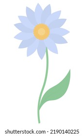 Flower. Blossoming bud with a yellow core. Flowering plant with purple petals. Color vector illustration. Green leaf on the stem. Isolated background. Flat style. Idea for web design, invitations