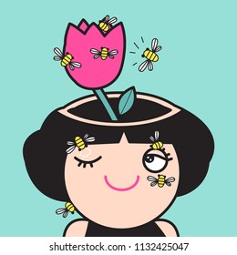 A Flower Blossoms Atop A Green Stem, Growing In Head Of A Girl Provide Honey Bees Pollen In Spring. Concept Of A Free Finding Own Mind And Find Yourself Power To Blossom Card Character illustration