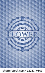 Flower blue emblem or badge with abstract geometric pattern background.