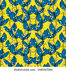 flower with blue leaves and abstract white dots drawn on a yellow background