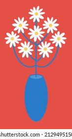 Flower in Blue and Red Theme Illustration. Hand drawn Daisy Flower in Vase. Flowers Vector