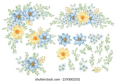 arreglo amarillo azul floral aislado con dibujos animados de hojas y amarillo azul floral