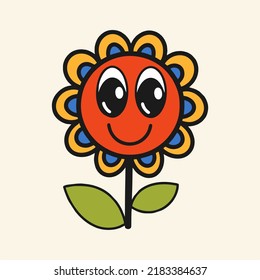 Flower with blue and yellow petals on a light background. A plant with a smile. Flat design, cartoon drawing, vector illustration. Template for printing.