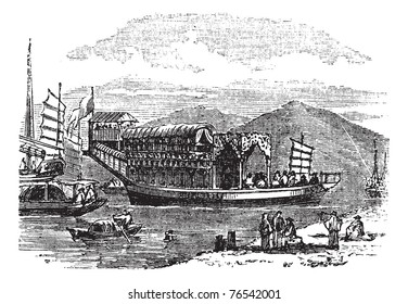 Flower boat, in Canton or Guangzhou, China  vintage engraving. Old engraved illustration of flower boat on lake.