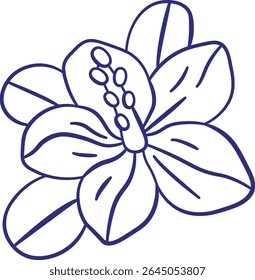Uma flor com contornos em negrito e formas simples em um estilo de desenho de linha limpo. As pétalas e estames são representados com curvas suaves e mínimos detalhes. Ilustração de vetor de desenhos animados.