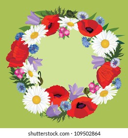 Flower border with copy space. Floral frame with meadow flowers poppy and chamomile. Flower bouquet isolated.