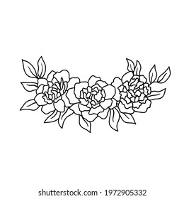 Flower border with flowers and leaves in outline style. Vector peonies. Elegant bouquet for invitations, posters